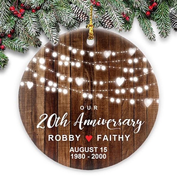 Our 20th Anniversary Christmas Ornament - Rustic Couple’s Round Ceramic - Personalized Names, Dates & Years, Anniversary Gift Couple