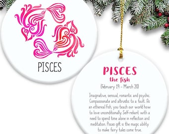 Pisces Zodiac Sign Double Sided Ornament - Ceramic The Fish Symbol & Description Astrology Horoscope Water Sign Pink Gift