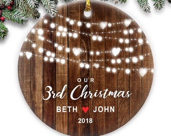 Our 3rd Christmas Ornament - Rustic Tree Lights - Couple’s Round Ceramic - Personalized Names & Year, Anniversary Gift Couple