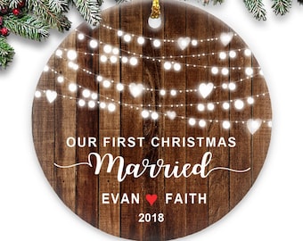 Our First Christmas Married - Rustic Tree Lights - Personalized Christmas Couple’s Round Ceramic Ornament- Personalized with Names & Year
