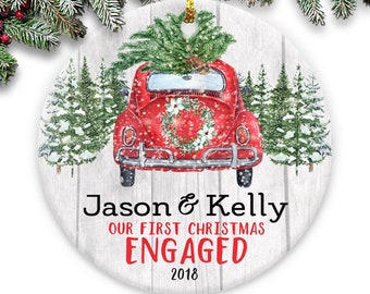 Our First Christmas Engaged - Vintage Red Car - Personalized Christmas  Round Ceramic Ornament- Personalized with Names and Year