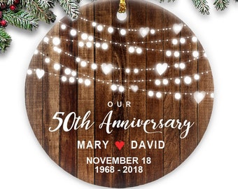 Our 50th Anniversary Christmas Ornament - Rustic Couple’s Round Ceramic - Personalized Names, Dates & Years, Anniversary Gift Couple