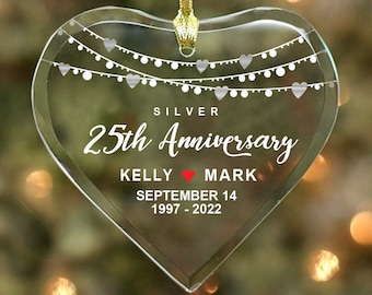 Silver 25th Anniversary - Couple’s Glass Heart Ornament - Personalized with Names, Dates & Years, Anniversary Gift Couple
