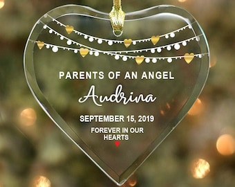 Parent's of an Angel Forever in our Hearts - Glass Heart Ornament - Personalized with Name and Date, In Loving Memory Of, Memorial Ornament