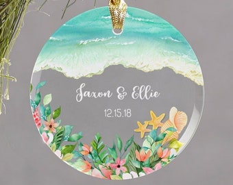 Personalized Couples Beach Christmas Glass Ornament - Personalized with Names and Date written in the sand