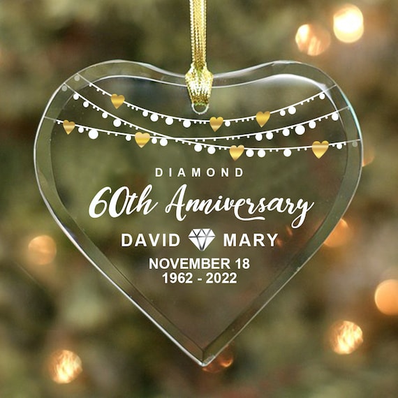 Diamond 60th Anniversary Couples Glass Heart Ornament 