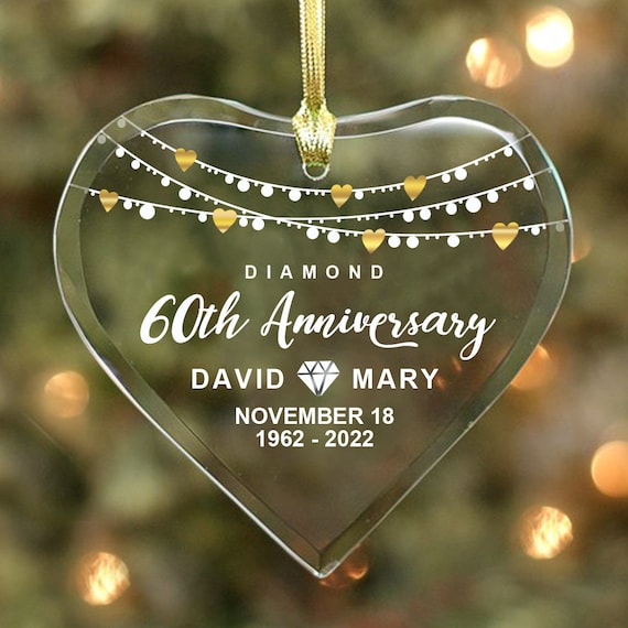 Diamond 60th Anniversary Couple's Glass Heart Ornament