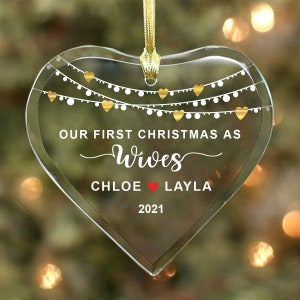 Our First Christmas as Wives LESBIAN / GAY Married Couples Glass Heart Ornament Personalized with Names and Year LGBT White Lights