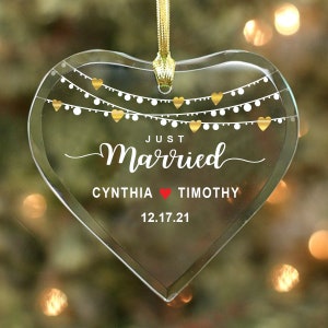 Just Married - Couple’s Glass Heart Ornament - Personalized with Names & Year