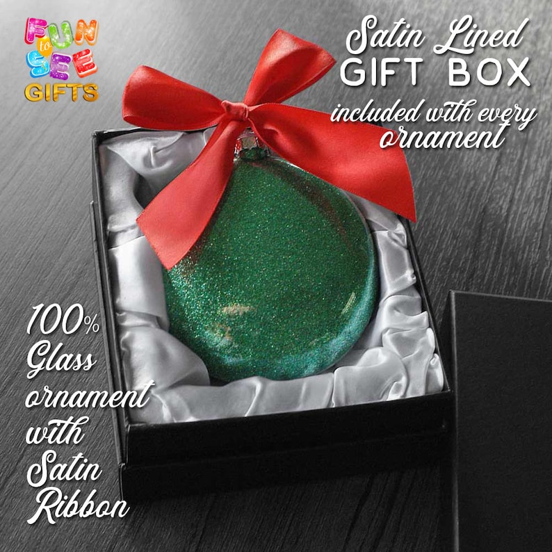 Personalized Christmas Round Green Glitter Glass Ornament Deer Our First Christmas Together Personalized with Names and Year