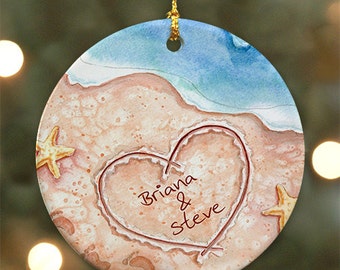 Personalized Couples Beach Christmas Ornament - Personalized with Names written in the sand