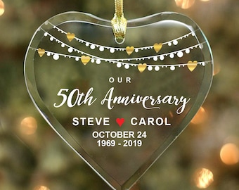 Our 50th Anniversary - Couple’s Glass Heart Ornament - Personalized with Names, Dates & Years, Anniversary Gift Couple