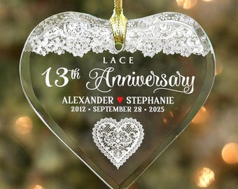 Lace 13th Anniversary - Couple’s Glass Heart Ornament - Personalized with Names, Anniversary date and Years NOT 3D