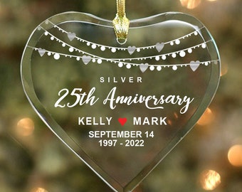 Silver 25th Anniversary - Couple’s Glass Heart Ornament - Personalized with Names, Dates & Years, Anniversary Gift Couple