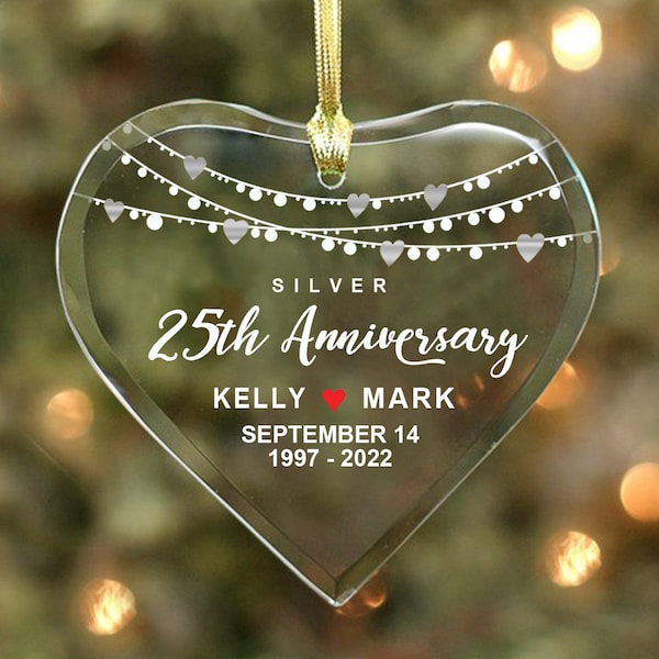 Silver 25th Anniversary - Couple’s Glass Heart Ornament - Personalized with Names, Dates & Years, Anniversary Gift Couple