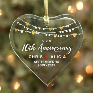 Our 10th Anniversary - Couple’s Glass Heart Ornament - Personalized with Names, Dates & Years, Anniversary Gift Couple