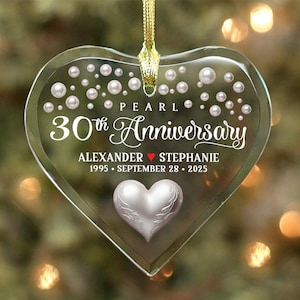 Pearl 30th Anniversary - Couple’s Glass Heart Ornament - Personalized with Names, Anniversary date and Years