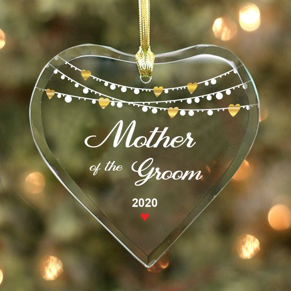 Mother of the Groom Christmas Ornament - Glass Heart Ornament - Personalized with Year or Wedding Date, Bridal Shower, Gift to Mom