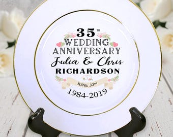 35th Wedding Anniversary Personalized Double Gold Banded Rim Plate - with Names and Dates, Anniversary Gift, Married Couple Gift, Mr and Mrs