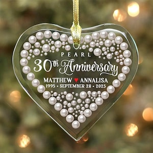 Pearl 30th Anniversary - Couple’s Glass Heart Ornament - Personalized with Names, Anniversary date and Years