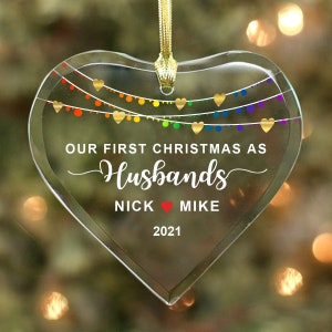 Our First Christmas as Husbands Rainbow - GAY Married Couple’s Glass Heart Ornament - Personalized with Names and Year LGBT
