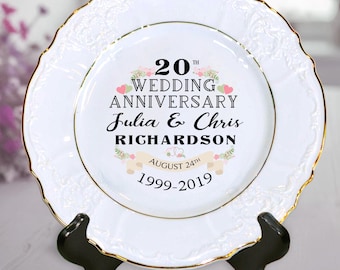 20th Wedding Anniversary Personalized Double Gold Banded Embossed Rim Ceramic Plate - Names & Dates, Anniversary Gift, Married Couple Gift