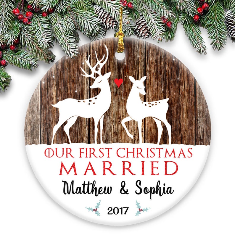 Our First Christmas Married Personalized Christmas Couple\u2019s Round Ceramic Ornament Deer Personalized with Names /& Year Married Ornament