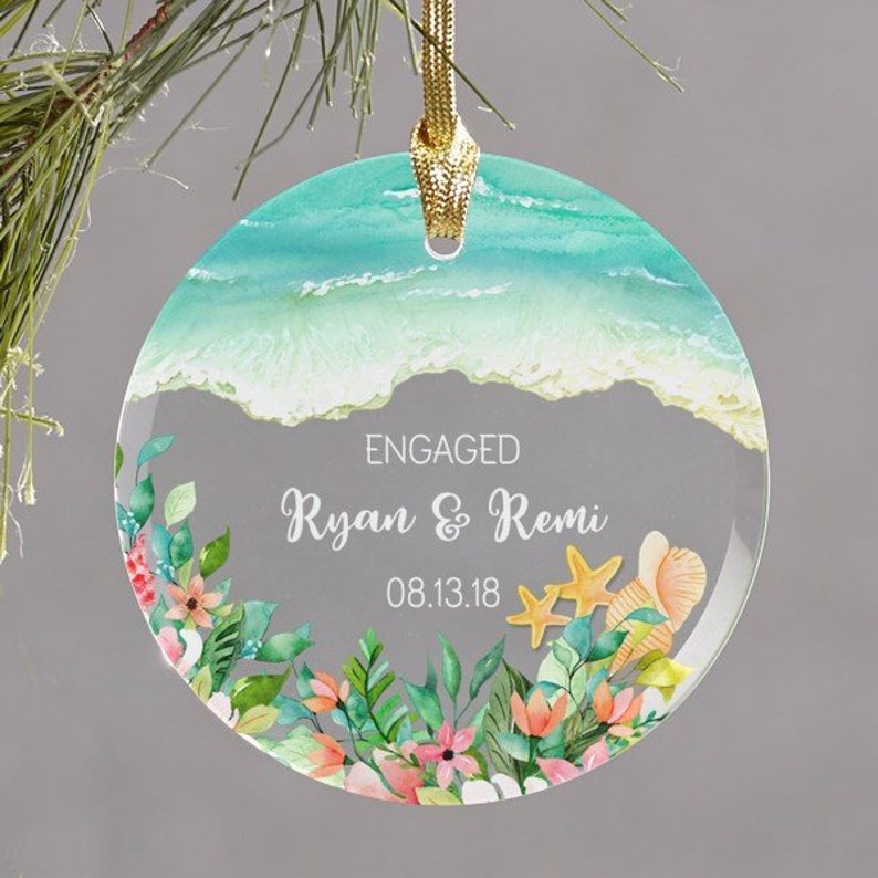 Engaged Personalized Couples Beach Christmas Glass Ornament Personalized with Names and Date written in the sand