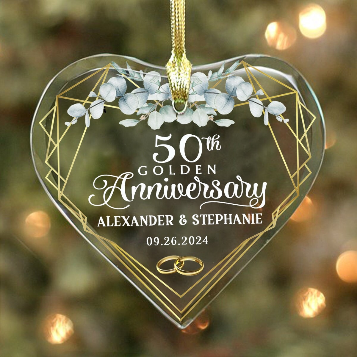 50th Golden Anniversary - Couple’s Glass Heart Ornament - Personalized with Names, Dates & Years, Anniversary Gift Couple