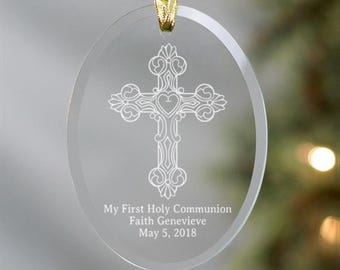 My First Holy Communion Cross Oval Glass Ornament - Personalized with Name & Date