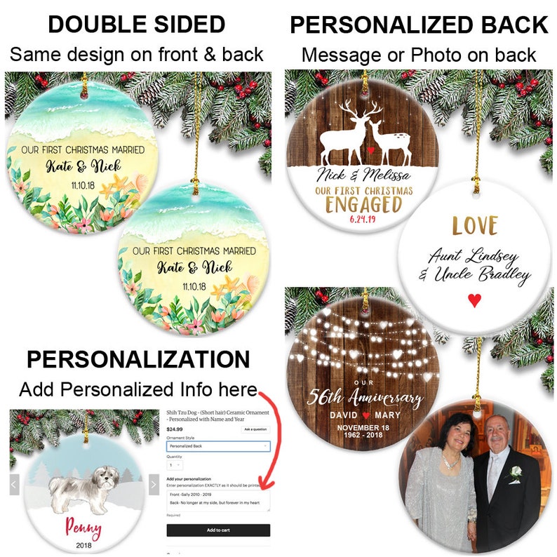 Our First Christmas Married Personalized Christmas Couple\u2019s Round Ceramic Ornament Deer Personalized with Names /& Year Married Ornament