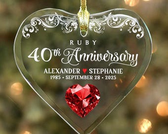 Ruby 40th Anniversary - Couple’s Glass Heart Ornament - Personalized with Names, Anniversary date and Years NOT 3D