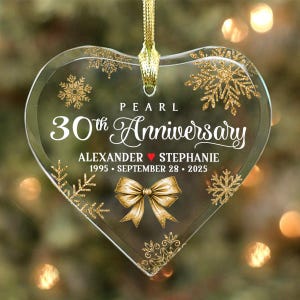 Pearl 30th Anniversary - Couple’s Glass Heart Ornament - Personalized with Names, Anniversary date and Years