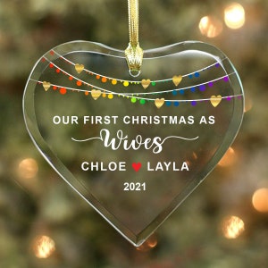 Our First Christmas as Wives LESBIAN / GAY Married Couples Glass Heart Ornament Personalized with Names and Year LGBT Rainbow Lights