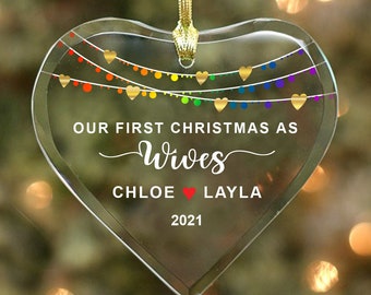 Our First Christmas as Wives - LESBIAN / GAY Married  Couple’s Glass Heart Ornament - Personalized with Names and Year LGBT