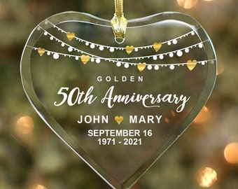 Golden 50th Anniversary - Couple’s Glass Heart Ornament - Personalized with Names, Dates & Years, Anniversary Gift Couple