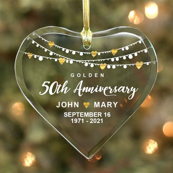 Golden 50th Anniversary - Couple’s Glass Heart Ornament - Personalized with Names, Dates & Years, Anniversary Gift Couple