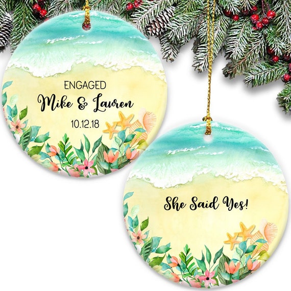 Engaged Personalized Couples Beach Christmas Glass Ornament Personalized with Names and Date written in the sand