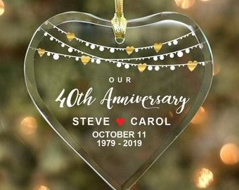 Our 40th Anniversary - Couple’s Glass Heart Ornament - Personalized with Names, Dates & Years, Anniversary Gift Couple