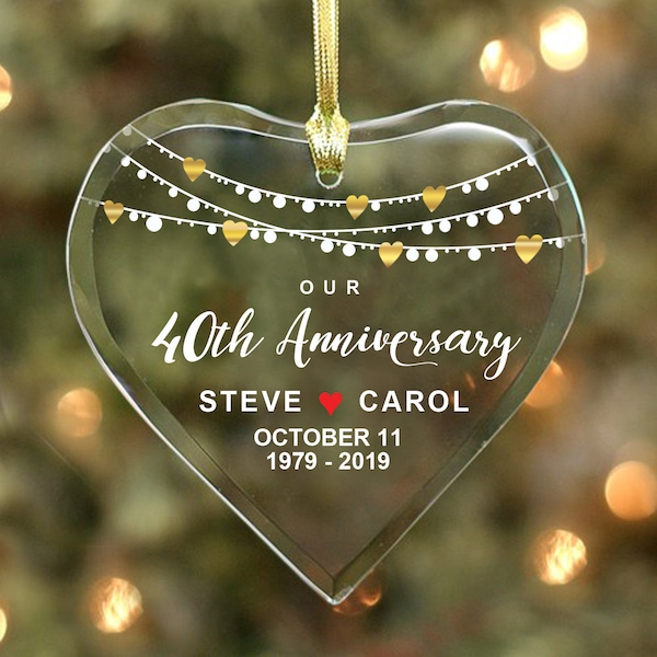 Our 40th Anniversary - Couple’s Glass Heart Ornament - Personalized with Names, Dates & Years, Anniversary Gift Couple