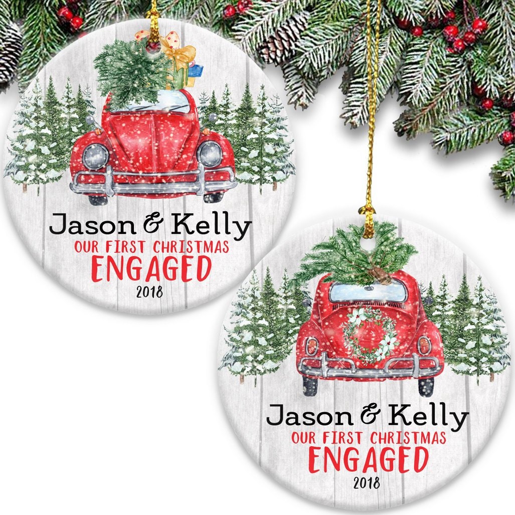 Personalized First Christmas Engaged Ornament Engagement Ornament Engagement Announcement Couple Ornament Red Car Ornament