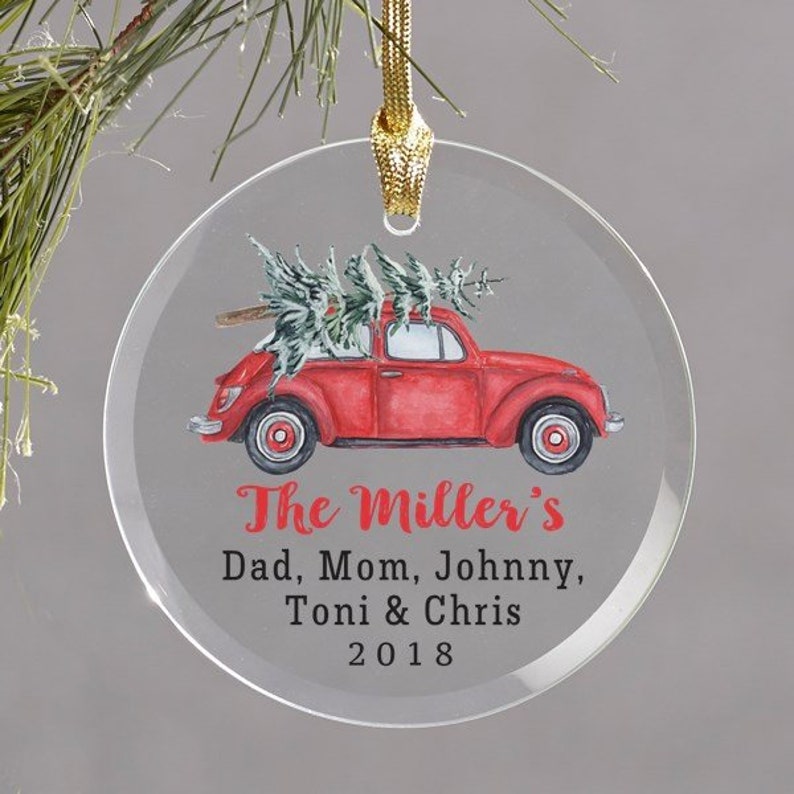 Personalized with Names of Family /& Year Round Glass Ornament Personalized Family Name Ornament Vintage Red Car Truck