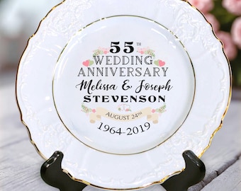 55th Wedding Anniversary Personalized Double Gold Banded Embossed Rim Ceramic Plate - Names & Dates, Anniversary Gift, Married Couple Gift