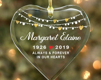 Always & Forever in our Hearts - Glass Heart Ornament - Personalized with Name and Dates, In Loving Memory Of, Memorial Ornament