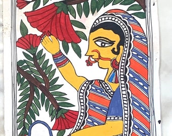 Vintage hand-painted Madhubani paintings from Bihar, India on paper. Ethnic artwork for home decor. Housewarming gift.