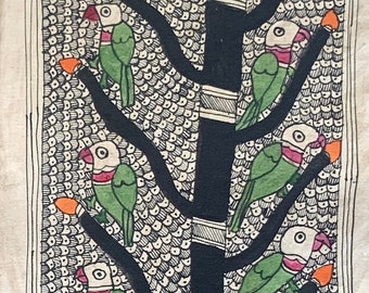 Vintage hand-painted Madhubani paintings from Bihar, India on paper. Ethnic artwork for home decor. Housewarming gift.