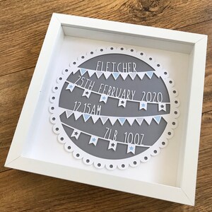 May include: A white frame with a grey circle inside. The circle has a white scalloped edge and a white banner with the text "Fletcher 25th February 2020 12:15AM 7LB 10OZ" in black.