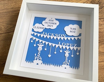 Personalised New Baby Gift - Framed Papercut with Giraffes