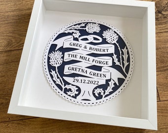 Framed Personalised Gretna Green Wedding Anniversary Paper Cut - Gift for Bride and Groom, Personalised Wedding Anniversary Gift