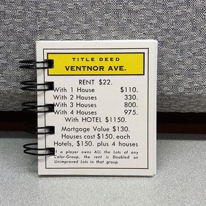 Avenue Ventnor, bloc-notes Monopoly, carnet de notes avec reliure à spirales, acte de propriété réel du monopole, papier de qualité supérieure, cadeau de remerciement, mini bloc-notes